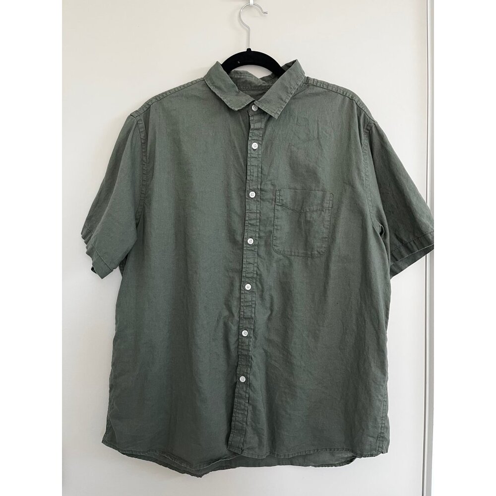 Old Navy Olive Linen Cotton Blend Short-Sleeved Button Down